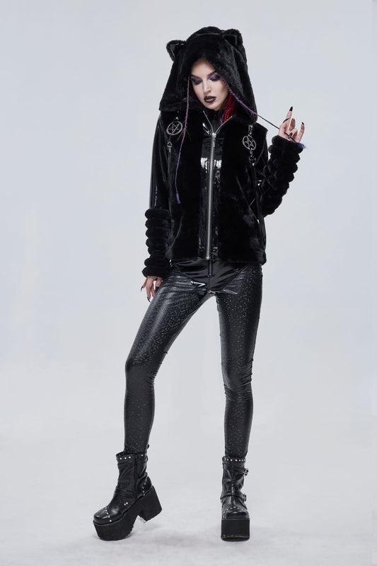 Schwarze Jacke Ursa Faux Fur Jacket mit Kunstleder und Kunstfellelementen von Devil Fashion