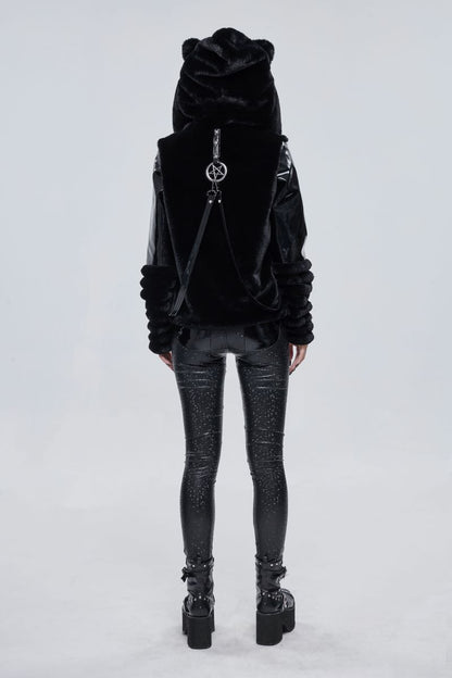 Schwarze Jacke Ursa Faux Fur Jacket mit Kunstleder und Kunstfellelementen von Devil Fashion