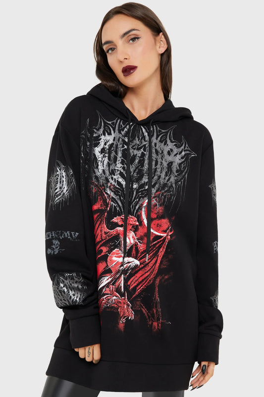 Schwarzer Kapuzenpullover Cusp Of Bathory Hoodie mit Dämonen Print von Killstar