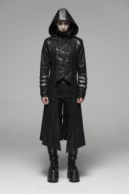 Auffälliger Mantel SCORPIO COAT MALE mit großer Kapuze und vielen Kunstlederdetails von Punk Rave