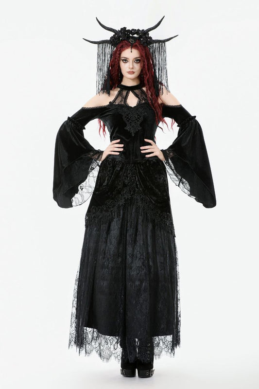 Schwarzes Shirt Celestial Darkness Velvet Top mit Samtstoff und Spitzenelementen von Dark In Love