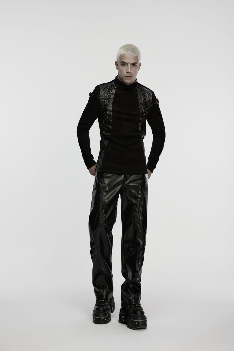 Schwarzes Langarmshirt Cimeries Top mit Kunstlederdetails von Punk Rave