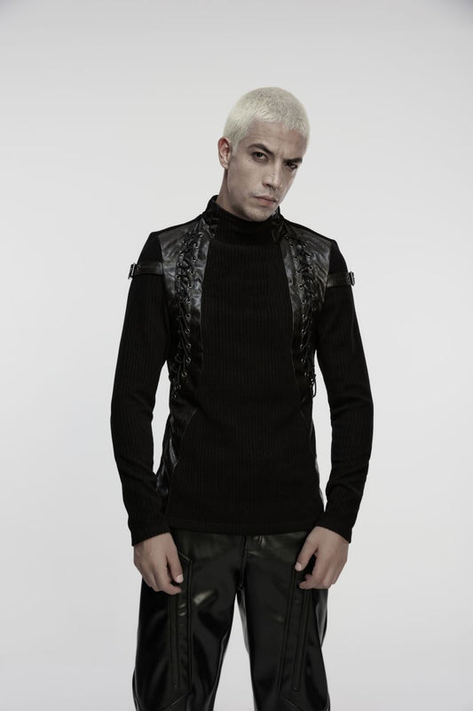 Schwarzes Langarmshirt Cimeries Top mit Kunstlederdetails von Punk Rave