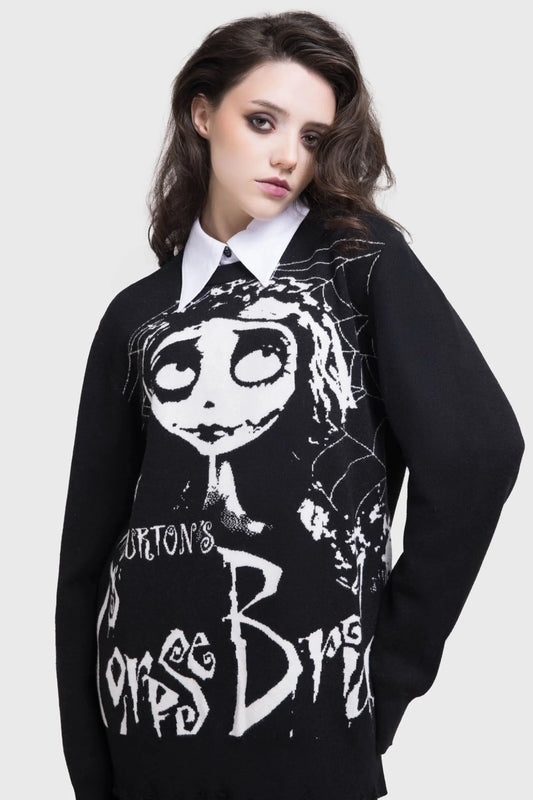 Schwarz-weißer Strickpullover CORPSE BRIDE DISTRESSED SWEATER mit auffälliger Corspe Bride-Grafik von Killstar