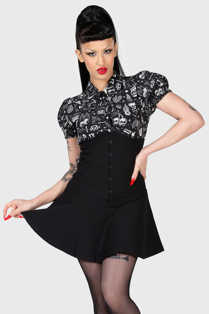 Schwarzer, kurzer Rock DADDY-O CORSET MINI SKIRT im Unterbrustcorsagenstil von Killstar