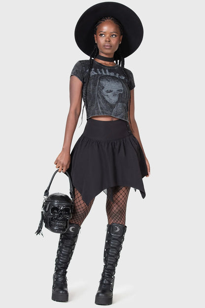 Schwarzer, ungleichmäßig genähter Mini-Rock DEATH FAIRY SKIRT mit Unterrock aus Netzstoff von Killstar