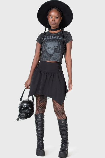 Schwarzer, ungleichmäßig genähter Mini-Rock DEATH FAIRY SKIRT mit Unterrock aus Netzstoff von Killstar