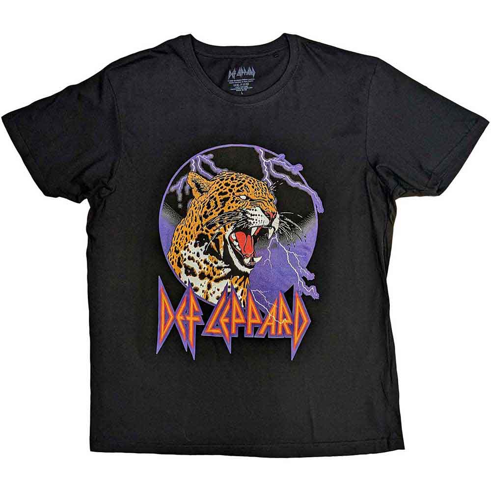 Lizensiertes Def Leppard Lightning Leopard Bandshirt mit comicartigem, buntem Leoparden- und Blitzprint