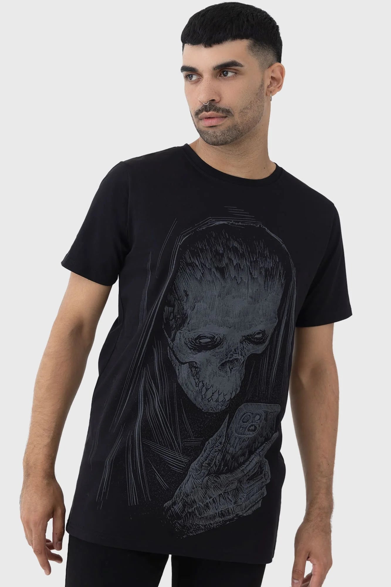 Schwarzes, weites Shirt DIGI DEATH SHRUNKEN T-SHIRT mit Skelett- und Handyprint von Killstar