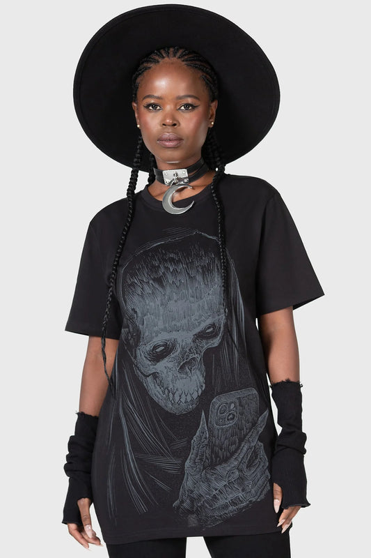 Schwarzes, weites Shirt DIGI DEATH SHRUNKEN T-SHIRT mit Skelett- und Handyprint von Killstar