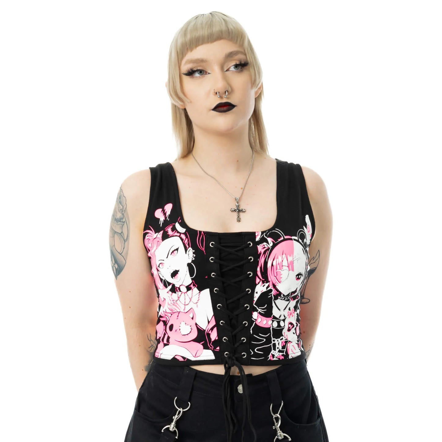 Schwarzes Oberteil DOLLHOUSE DETENTION TOP mit pinkem Animeprint von Cupcake Cult