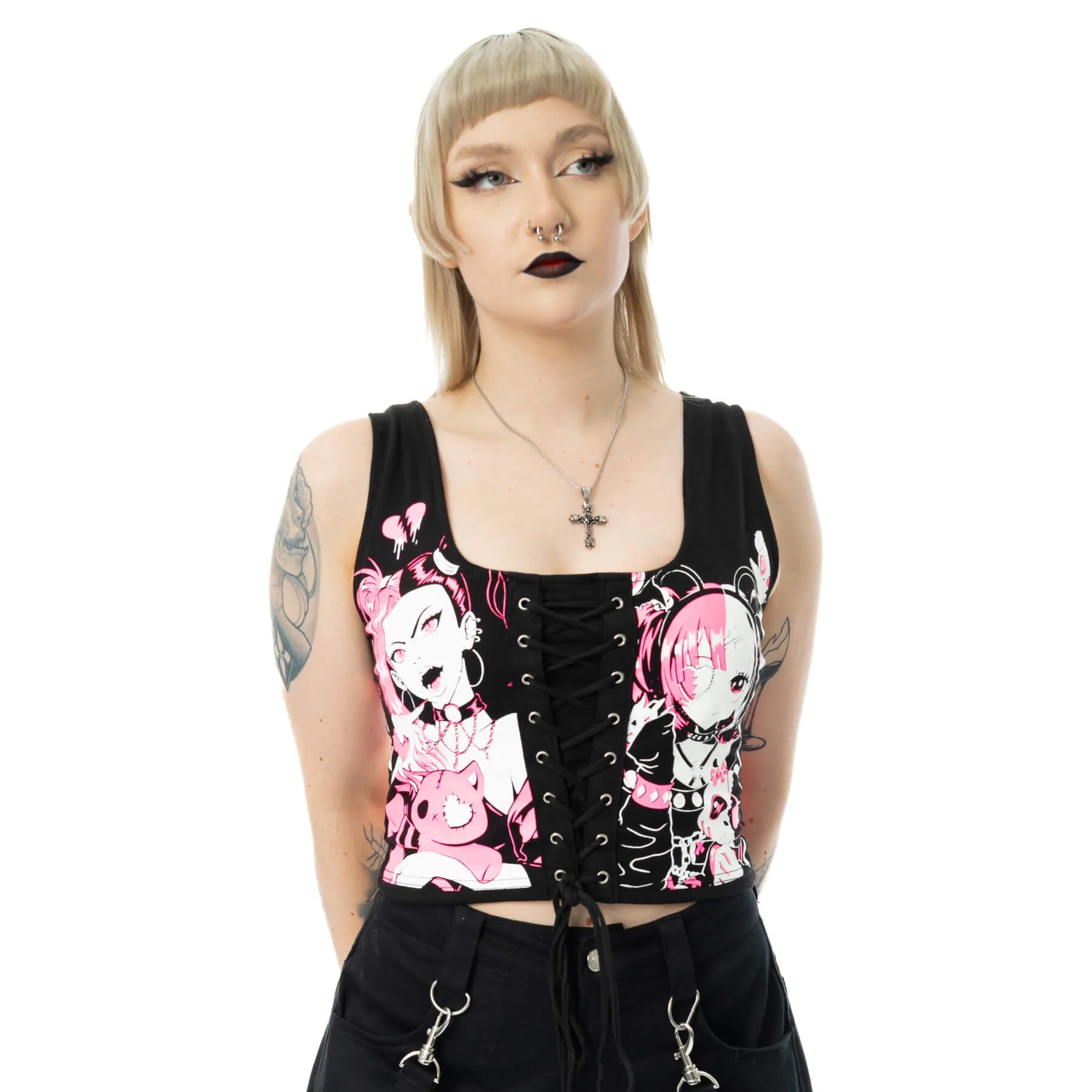 Schwarzes Oberteil DOLLHOUSE DETENTION TOP mit pinkem Animeprint von Cupcake Cult