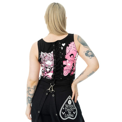 Schwarzes Oberteil DOLLHOUSE DETENTION TOP mit pinkem Animeprint von Cupcake Cult
