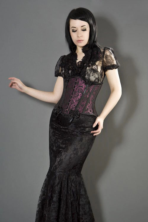 Daisy Underbust Burlesque Corset aus magentafarbenem Brokat mit Rankenmuster von Burleska