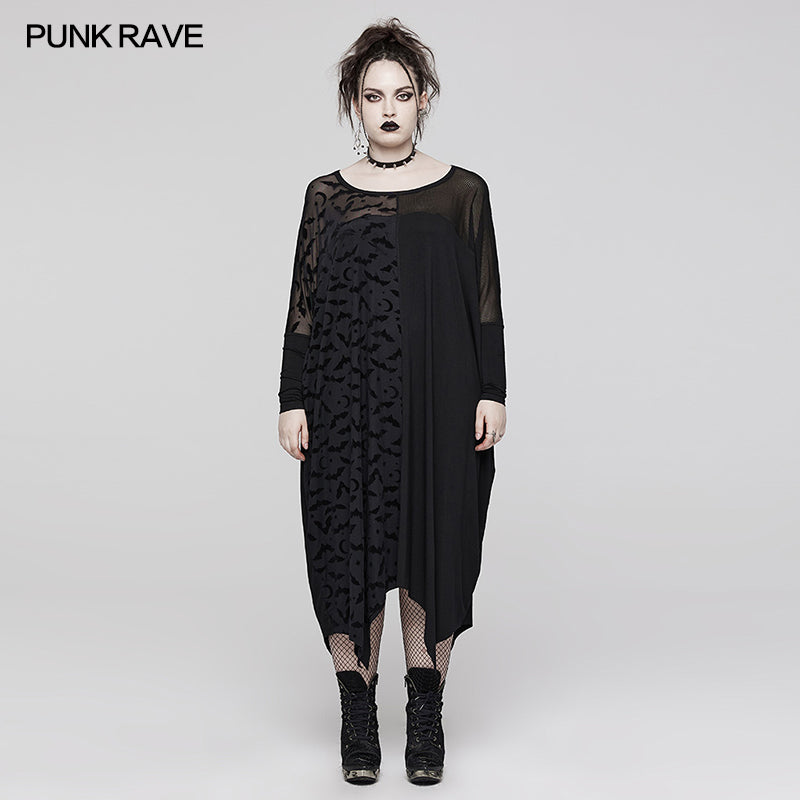 Locker geschnittenes, langes Tunikakleid NIGHT FLIER TUNIC DRESS mit Fledermausprint auf rechten Vorderseite von Punk Rave