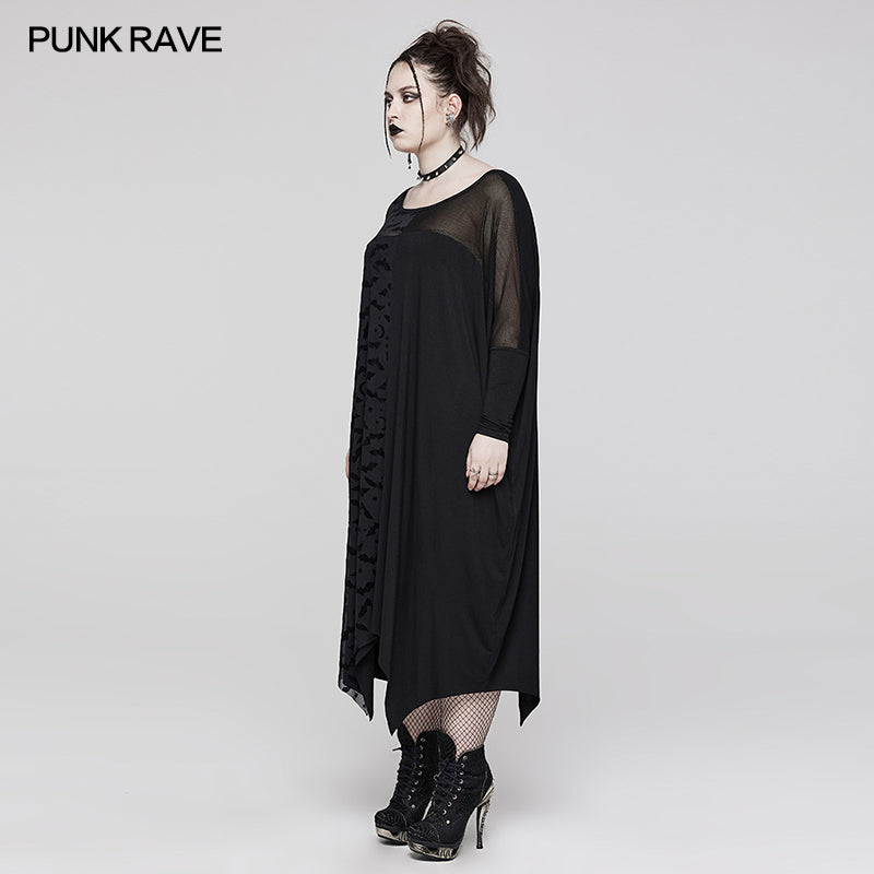 Locker geschnittenes, langes Tunikakleid NIGHT FLIER TUNIC DRESS mit Fledermausprint auf rechten Vorderseite von Punk Rave