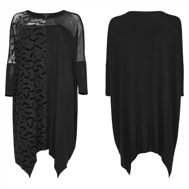 Locker geschnittenes, langes Tunikakleid NIGHT FLIER TUNIC DRESS mit Fledermausprint auf rechten Vorderseite von Punk Rave