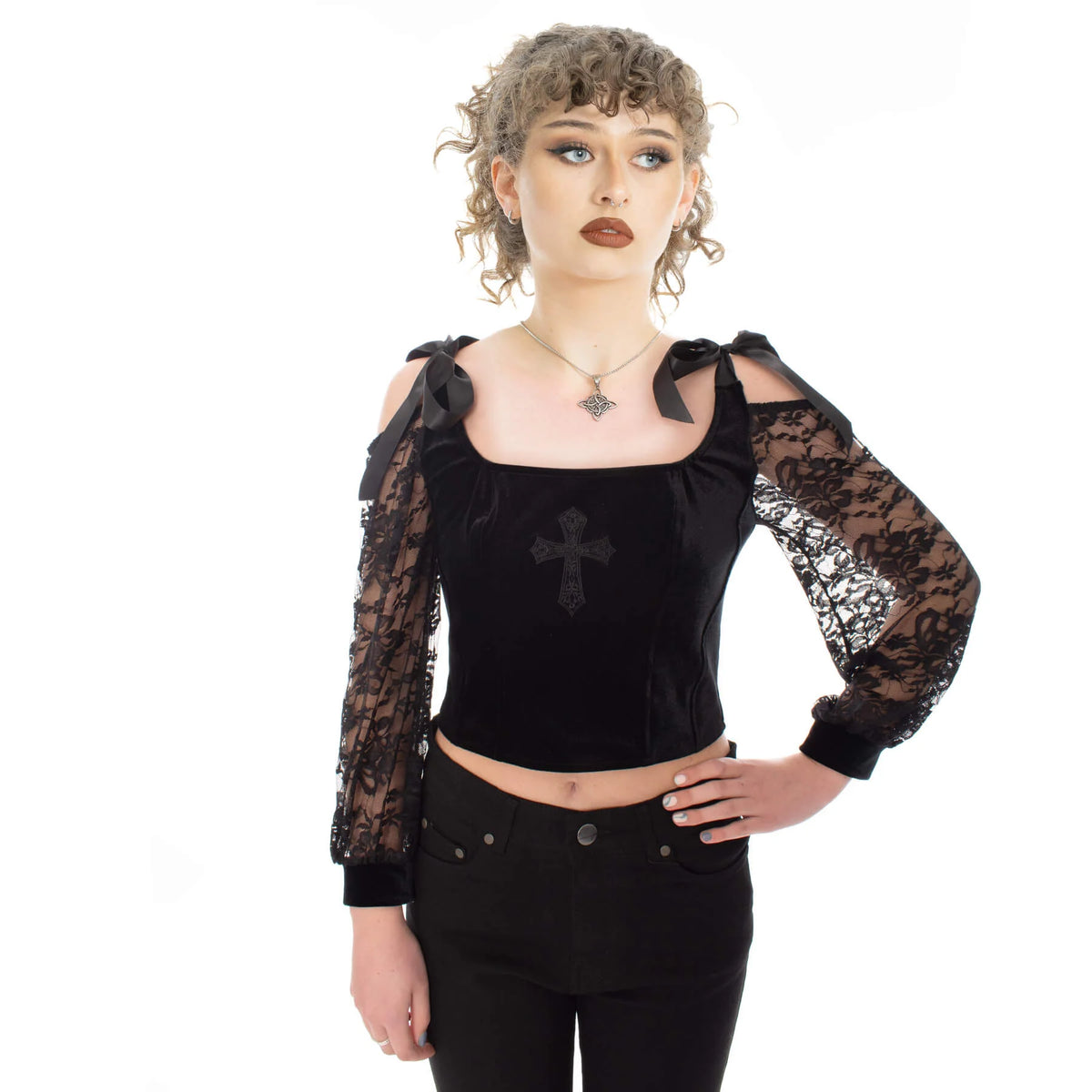 Schwarzes Oberteil DRUSILLA CORSET TOP Black mit Spitzenärmeln an den Ärmeln von Poizen Industries