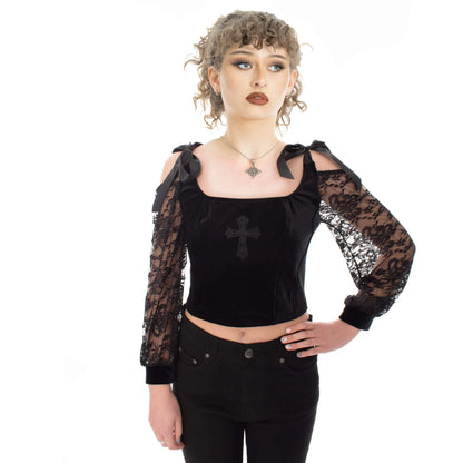 Schwarzes Oberteil DRUSILLA CORSET TOP Black mit Spitzenärmeln an den Ärmeln von Poizen Industries