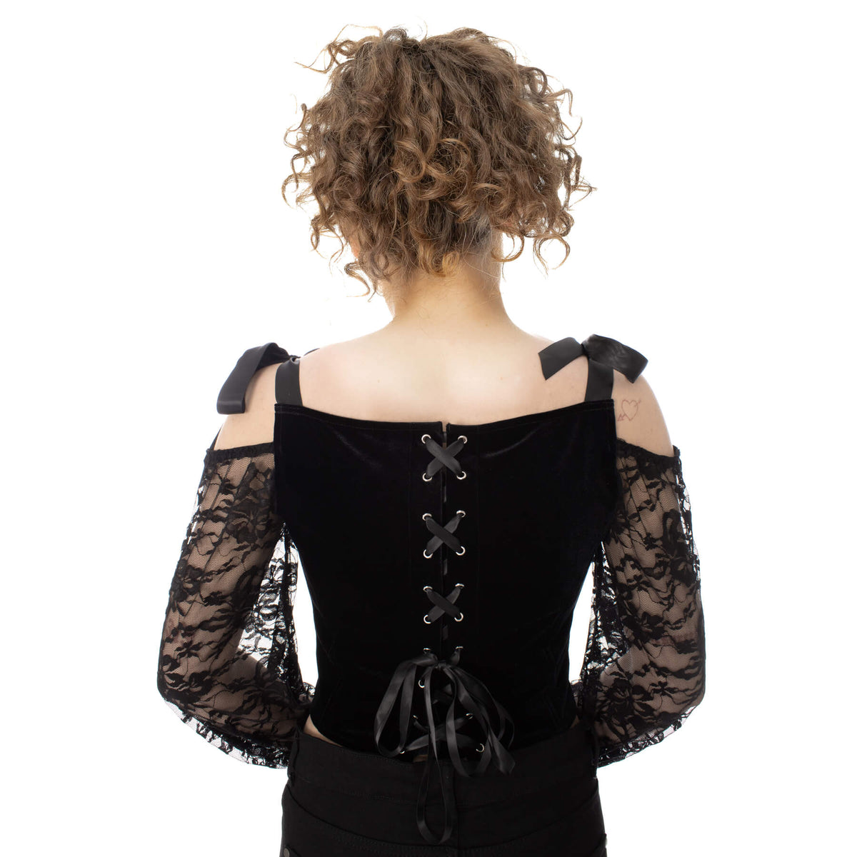 Schwarzes Oberteil DRUSILLA CORSET TOP Black mit Spitzenärmeln an den Ärmeln von Poizen Industries