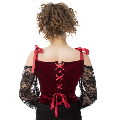 Rotes Oberteil DRUSILLA CORSET TOP Red mit Spitzenärmeln an den Ärmeln von Poizen Industries
