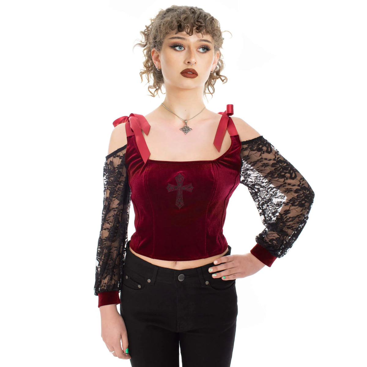 Rotes Oberteil DRUSILLA CORSET TOP Red mit Spitzenärmeln an den Ärmeln von Poizen Industries