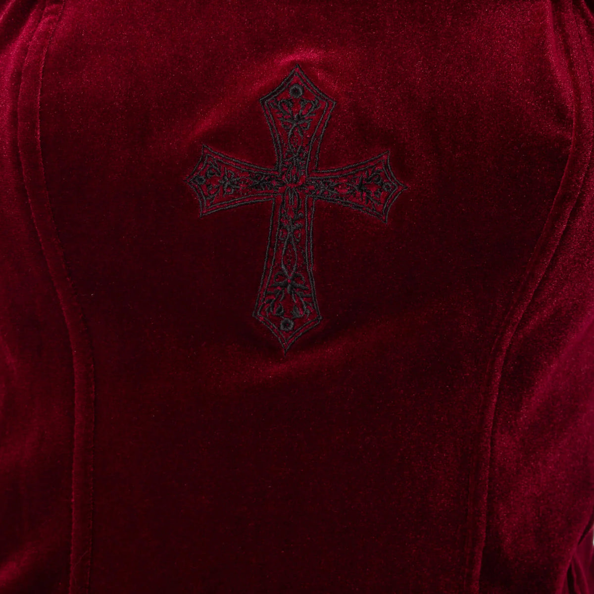 Rotes Oberteil DRUSILLA CORSET TOP Red mit Spitzenärmeln an den Ärmeln von Poizen Industries