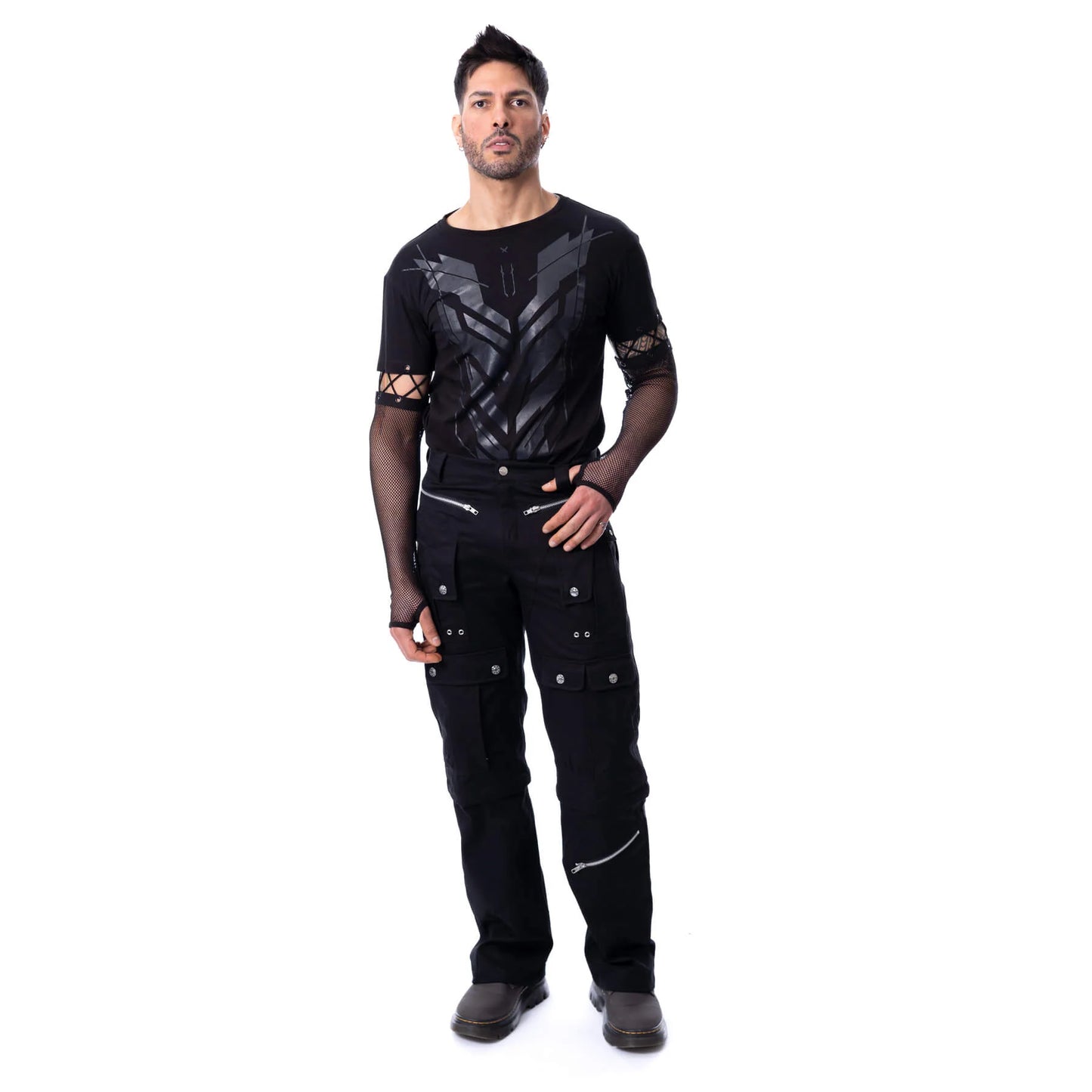 Schwarzes, langärmliges Shirt DRUVANE TOP mit Netzärmeln und Print auf der Vorder und Rückseite von Chemical Black