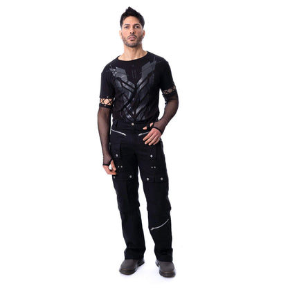 Schwarzes, langärmliges Shirt DRUVANE TOP mit Netzärmeln und Print auf der Vorder und Rückseite von Chemical Black