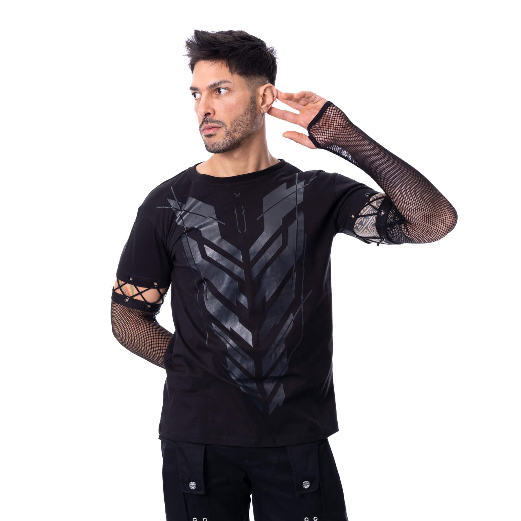 Schwarzes, langärmliges Shirt DRUVANE TOP mit Netzärmeln und Print auf der Vorder und Rückseite von Chemical Black