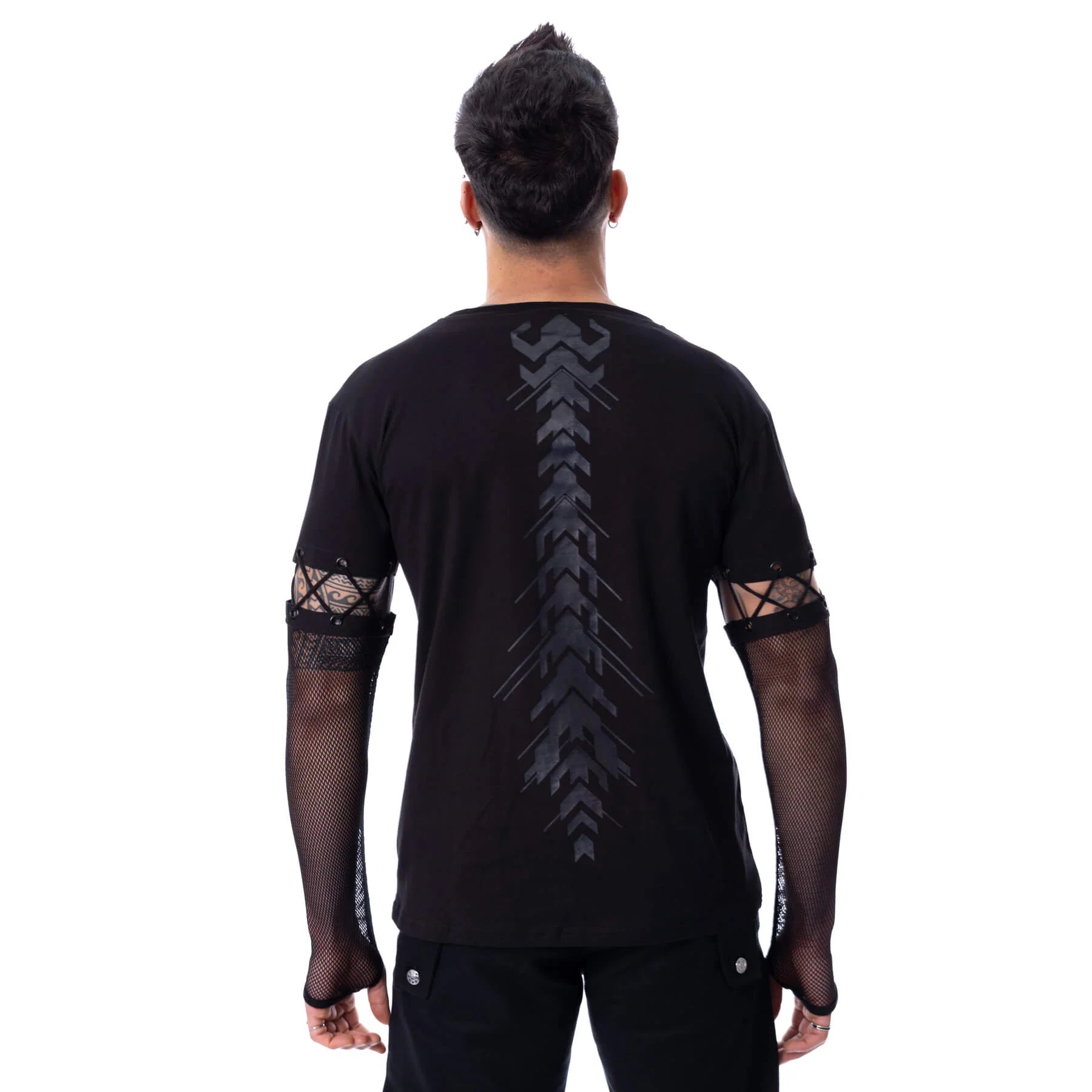 Schwarzes, langärmliges Shirt DRUVANE TOP mit Netzärmeln und Print auf der Vorder und Rückseite von Chemical Black