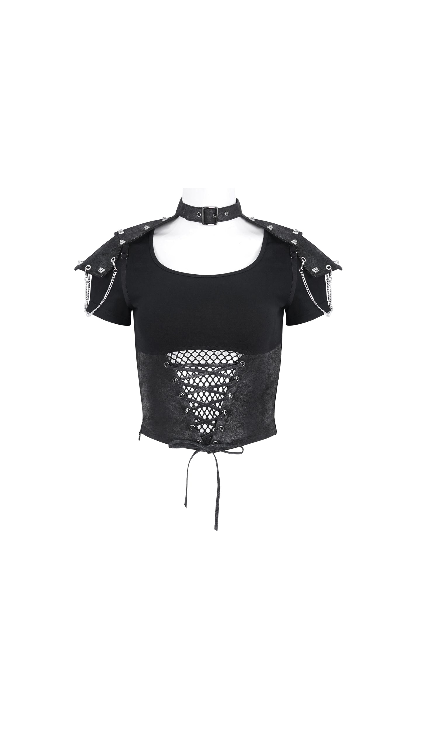 Schwarzes Shirt ARABELLA TWO PIECE CORSET TOP mit Kunstlederdetail und Fischnetzeinsatz von Devil Fashion