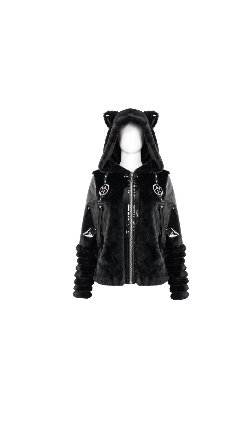 Schwarze Jacke Ursa Faux Fur Jacket mit Kunstleder und Kunstfellelementen von Devil Fashion