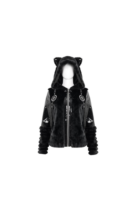 Schwarze Jacke Ursa Faux Fur Jacket mit Kunstleder und Kunstfellelementen von Devil Fashion