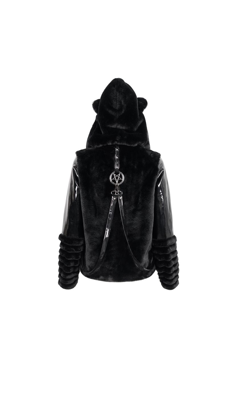 Schwarze Jacke Ursa Faux Fur Jacket mit Kunstleder und Kunstfellelementen von Devil Fashion