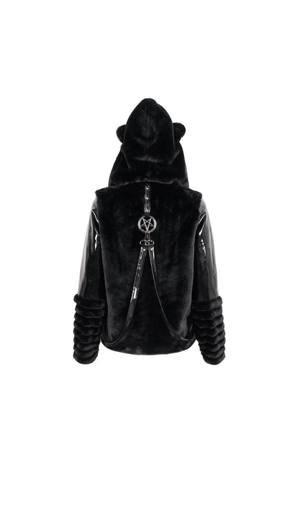 Schwarze Jacke Ursa Faux Fur Jacket mit Kunstleder und Kunstfellelementen von Devil Fashion