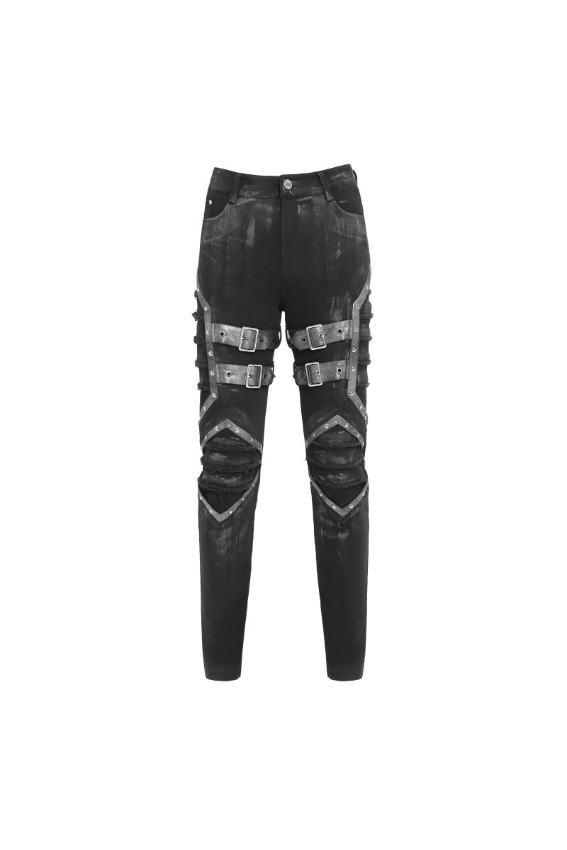 Schwarze Hose Fallout Knight Trousers mit Riemenelementen von Devil Fashion