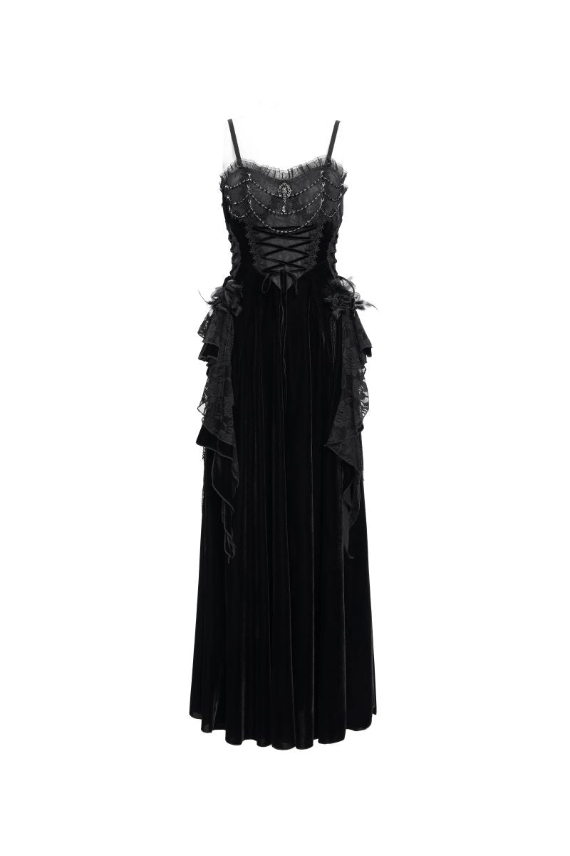 Romantisches, ärmelloses A-Linien-Kleid Gothic Spells Dress aus schwarzem Samt im Gothic-Stil mit Spitzen- und Brokatverzierungen sowie Schnürdetails von Eva Lady