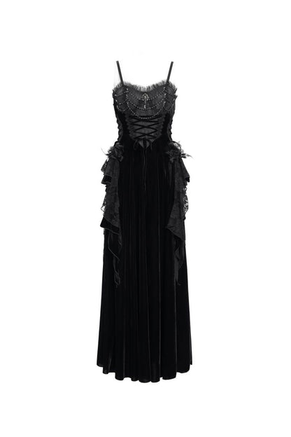 Romantisches, ärmelloses A-Linien-Kleid Gothic Spells Dress aus schwarzem Samt im Gothic-Stil mit Spitzen- und Brokatverzierungen sowie Schnürdetails von Eva Lady