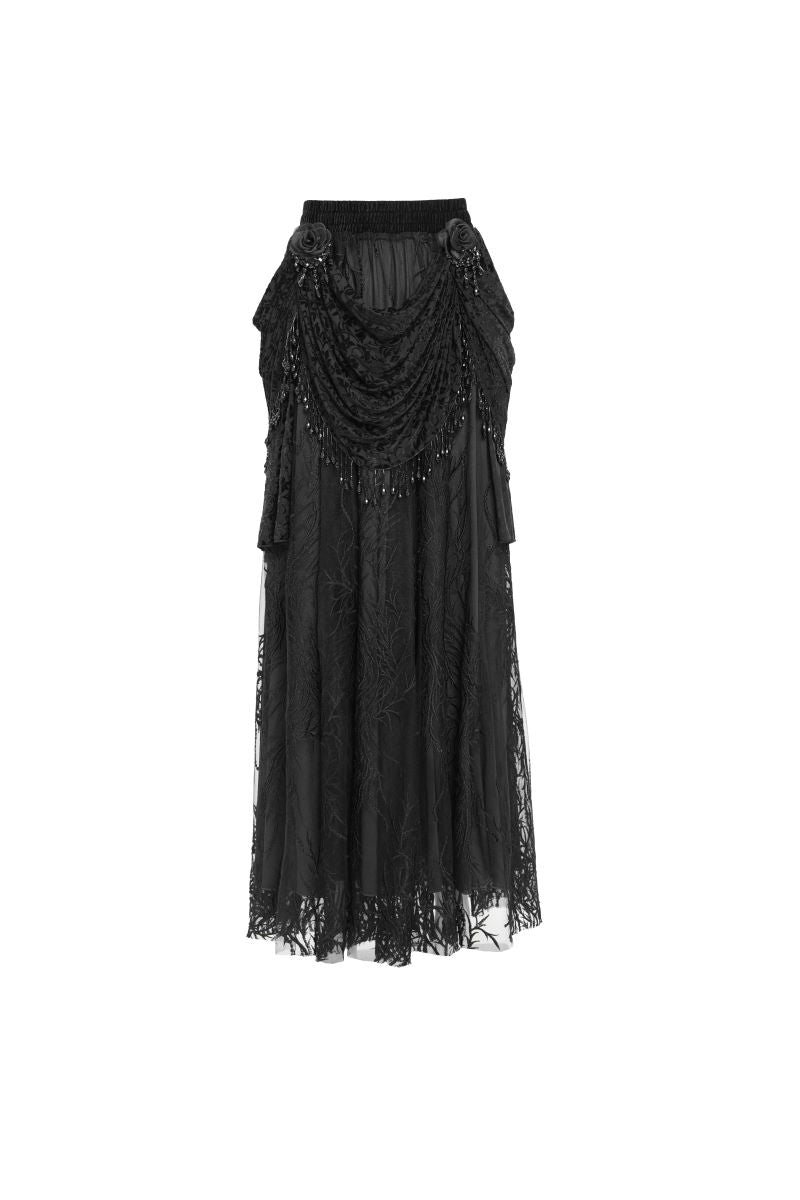 Romantischer Gothic-Rock Divine Darkness Skirt Black aus schwarzem, besticktem Tüll mit drapiertem Samtmuster und Stoffrosen von Eva Lady