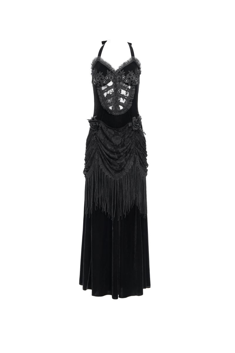 Schwarzes Samtkleid Velvet Dominion Dress Black im Gothic-Stil mit Spitzen- und Brokatverzierungen von Eva Lady