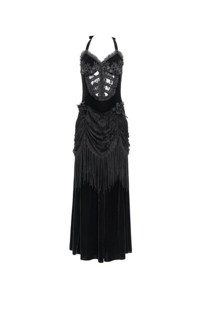Schwarzes Samtkleid Velvet Dominion Dress Black im Gothic-Stil mit Spitzen- und Brokatverzierungen von Eva Lady