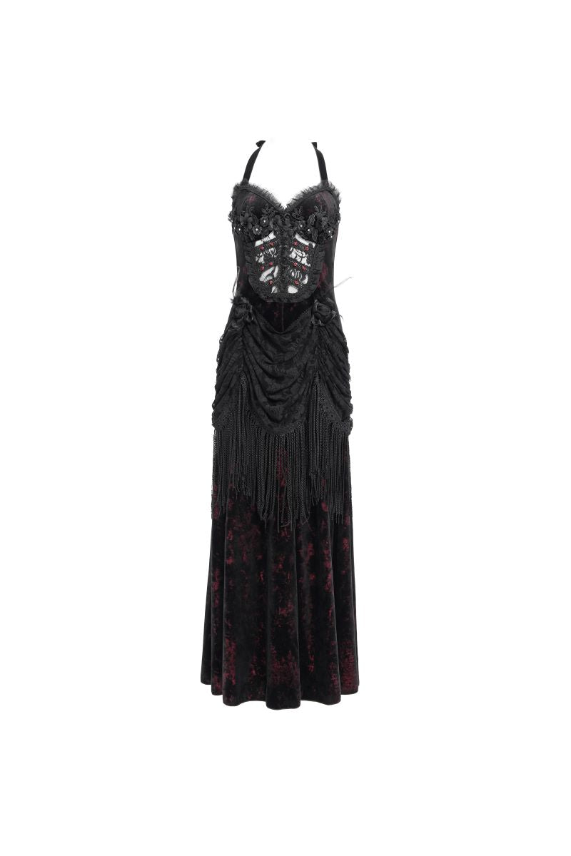 Schwarz-rotes Samtkleid Velvet Dominion Dress Red im Gothic-Stil mit Spitzen- und Brokatverzierungen von Eva Lady