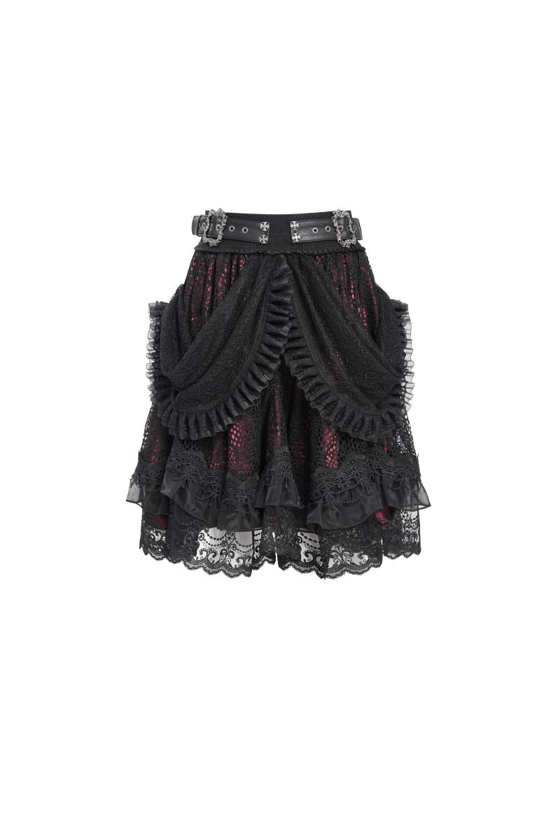 Romantischer, kurzer schwarz-roter Spitzenrock Lace Maiden Black Skirt im Gothic-Stil mit Drapierung und Rüschen von Devil Fashion