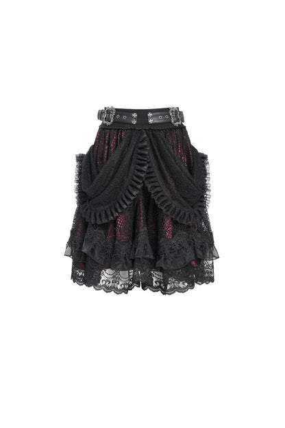 Romantischer, kurzer schwarz-roter Spitzenrock Lace Maiden Black Skirt im Gothic-Stil mit Drapierung und Rüschen von Devil Fashion
