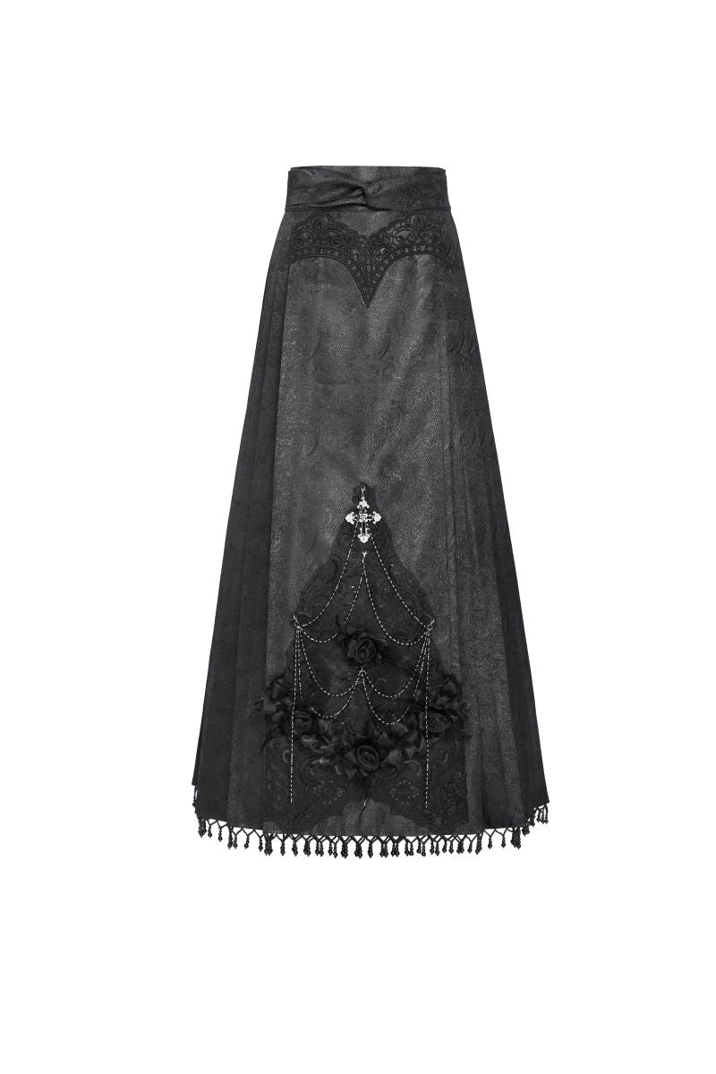 Romantischer Gothic-Rock Roses Rhapsody Skirt Black aus schwarzem Jacquard mit plissierten Seiten und Spitzenapplikationen von Eva Lady