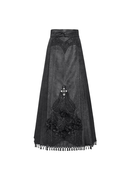 Romantischer Gothic-Rock Roses Rhapsody Skirt Black aus schwarzem Jacquard mit plissierten Seiten und Spitzenapplikationen von Eva Lady