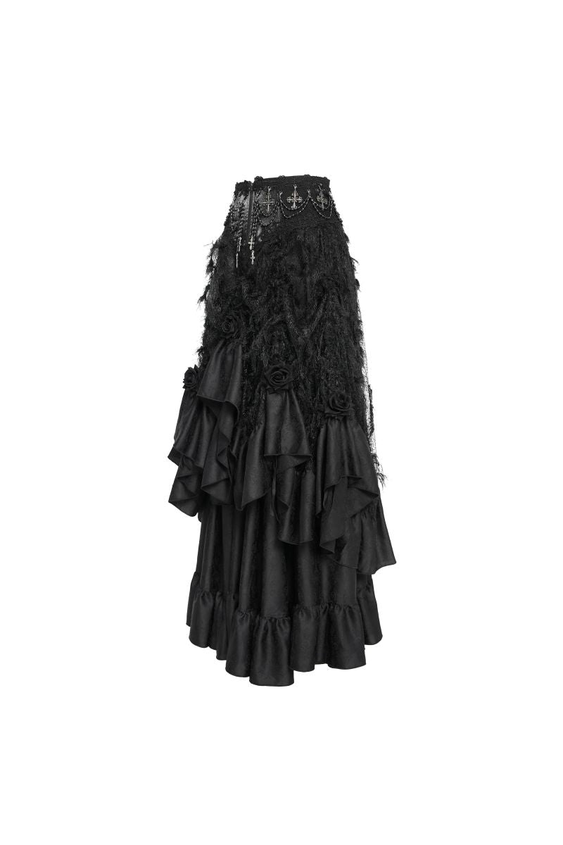 Langer, mehrlagiger Rock Dark Majesty Skirt im viktorianischen Gothic-Stil aus schwarzem Satin mit Rüschensaum von Eva Lady