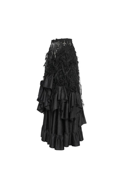 Langer, mehrlagiger Rock Dark Majesty Skirt im viktorianischen Gothic-Stil aus schwarzem Satin mit Rüschensaum von Eva Lady