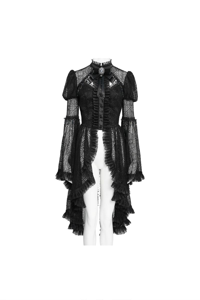 Schwarzes Spitzenoberteil Mysticum Luna Shirt im romantischen Gothic-Stil mit langen, ausgestellten Ärmeln von Eva Lady